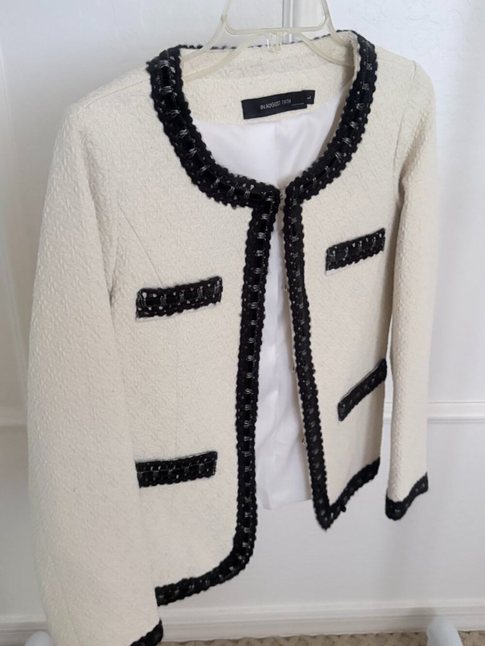 NWOT Cream Tweed-Style Jacket with Black Trim - Size L